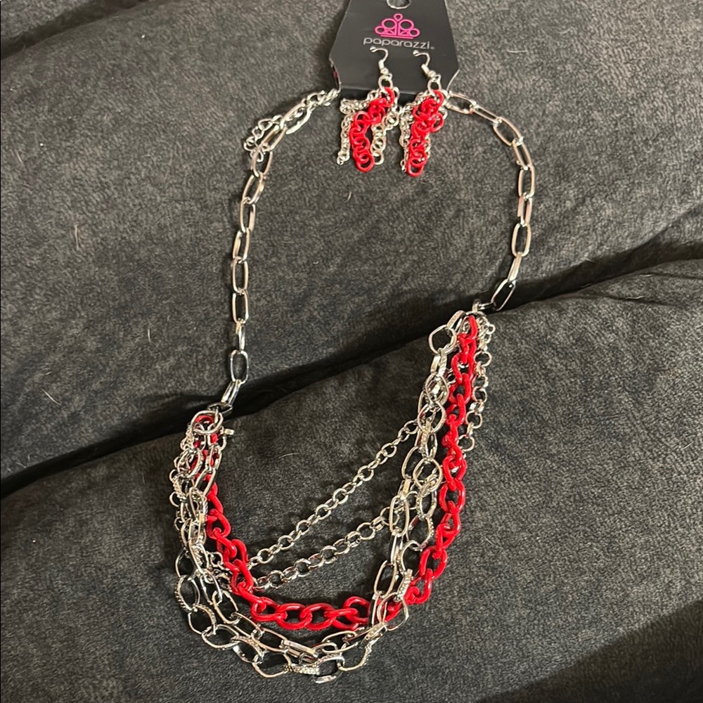Paparazzi Red and Silver Chain Necklace Set